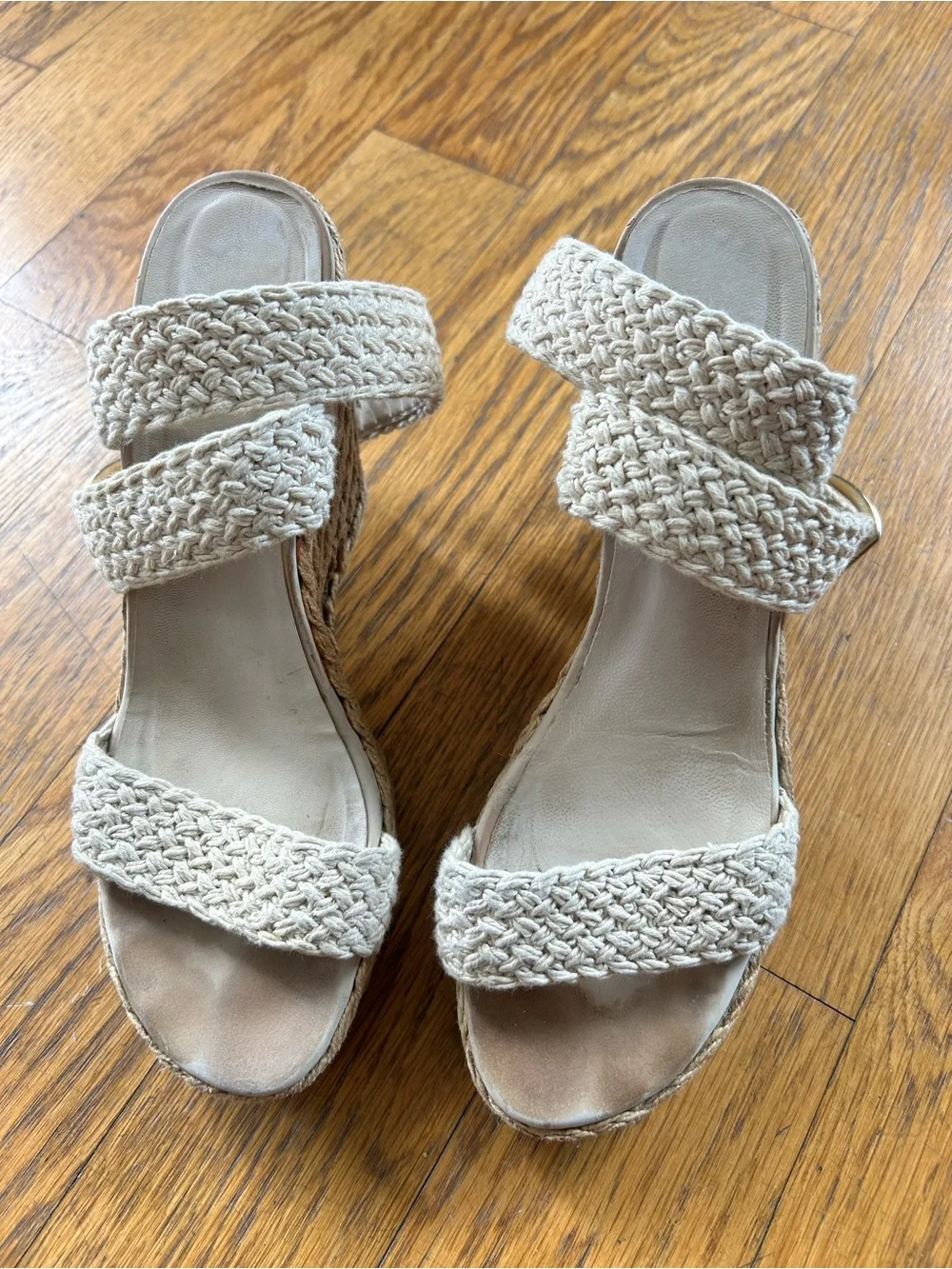 Stuart Weitzman Raffia Woven Wedges Nude Bone Size 8